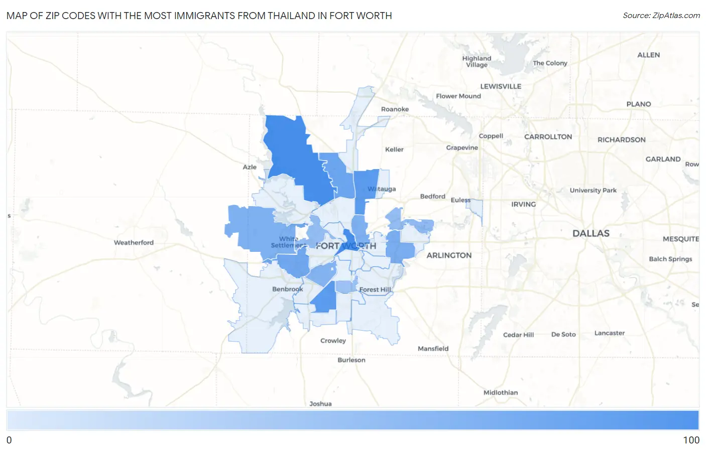 Zip Codes with the Most Immigrants from Thailand in Fort Worth Map