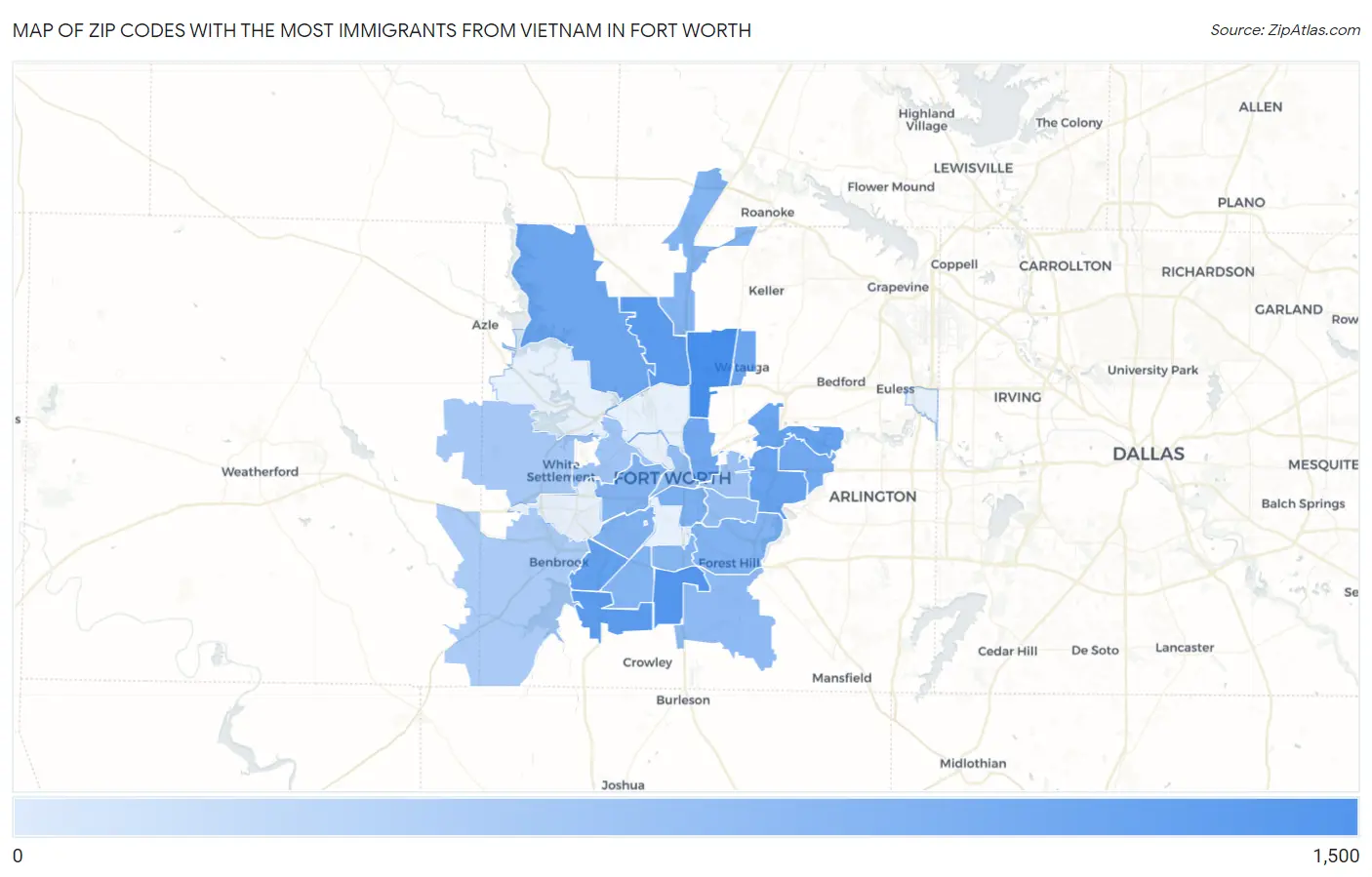Zip Codes with the Most Immigrants from Vietnam in Fort Worth Map