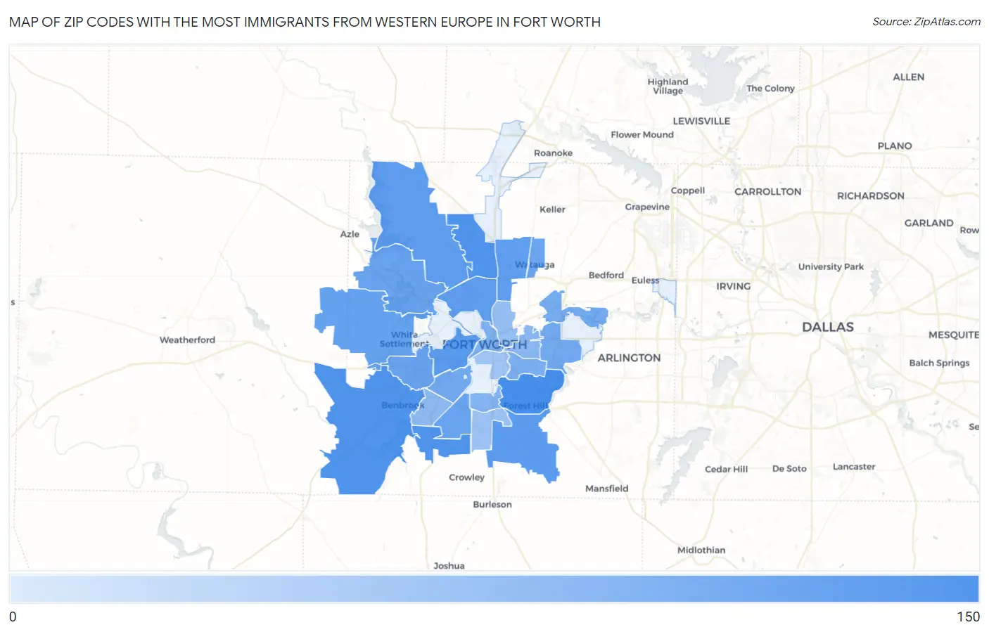 Zip Codes with the Most Immigrants from Western Europe in Fort Worth Map