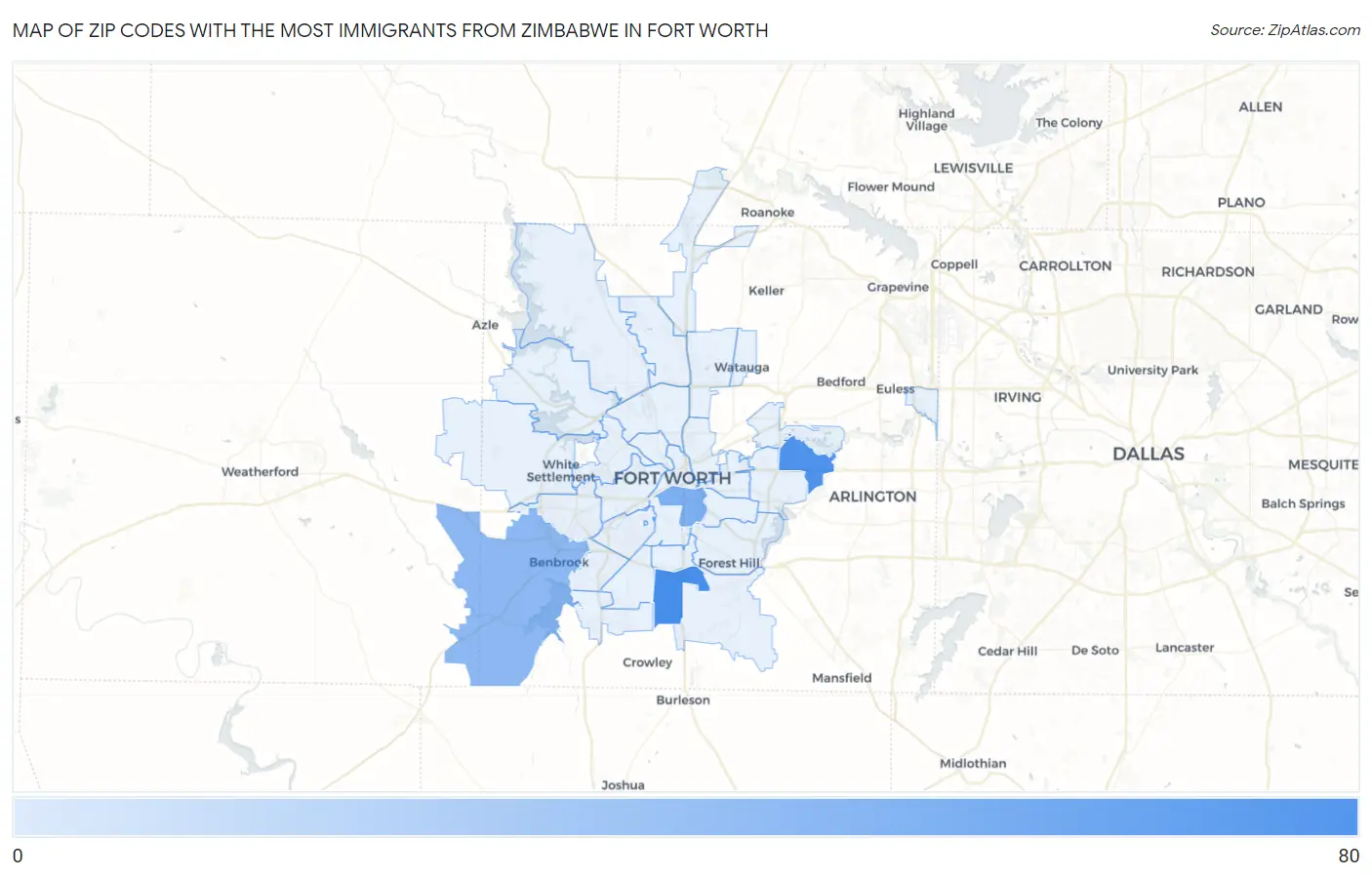 Zip Codes with the Most Immigrants from Zimbabwe in Fort Worth Map