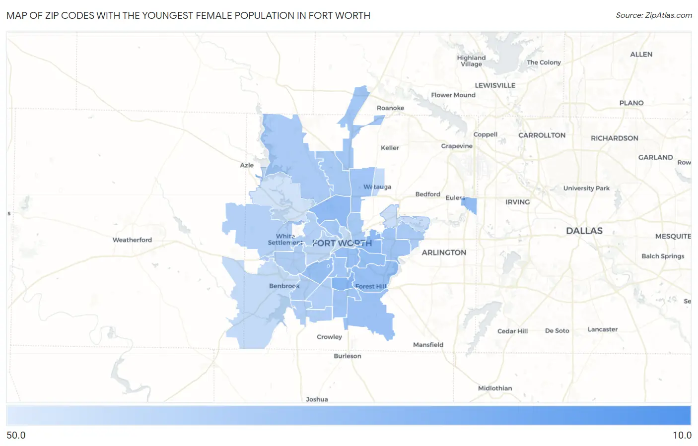 Zip Codes with the Youngest Female Population in Fort Worth Map