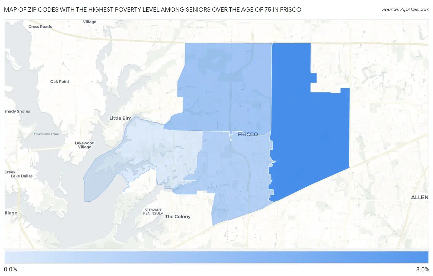 Zip Codes with the Highest Poverty Level Among Seniors Over the Age of 75 in Frisco Map