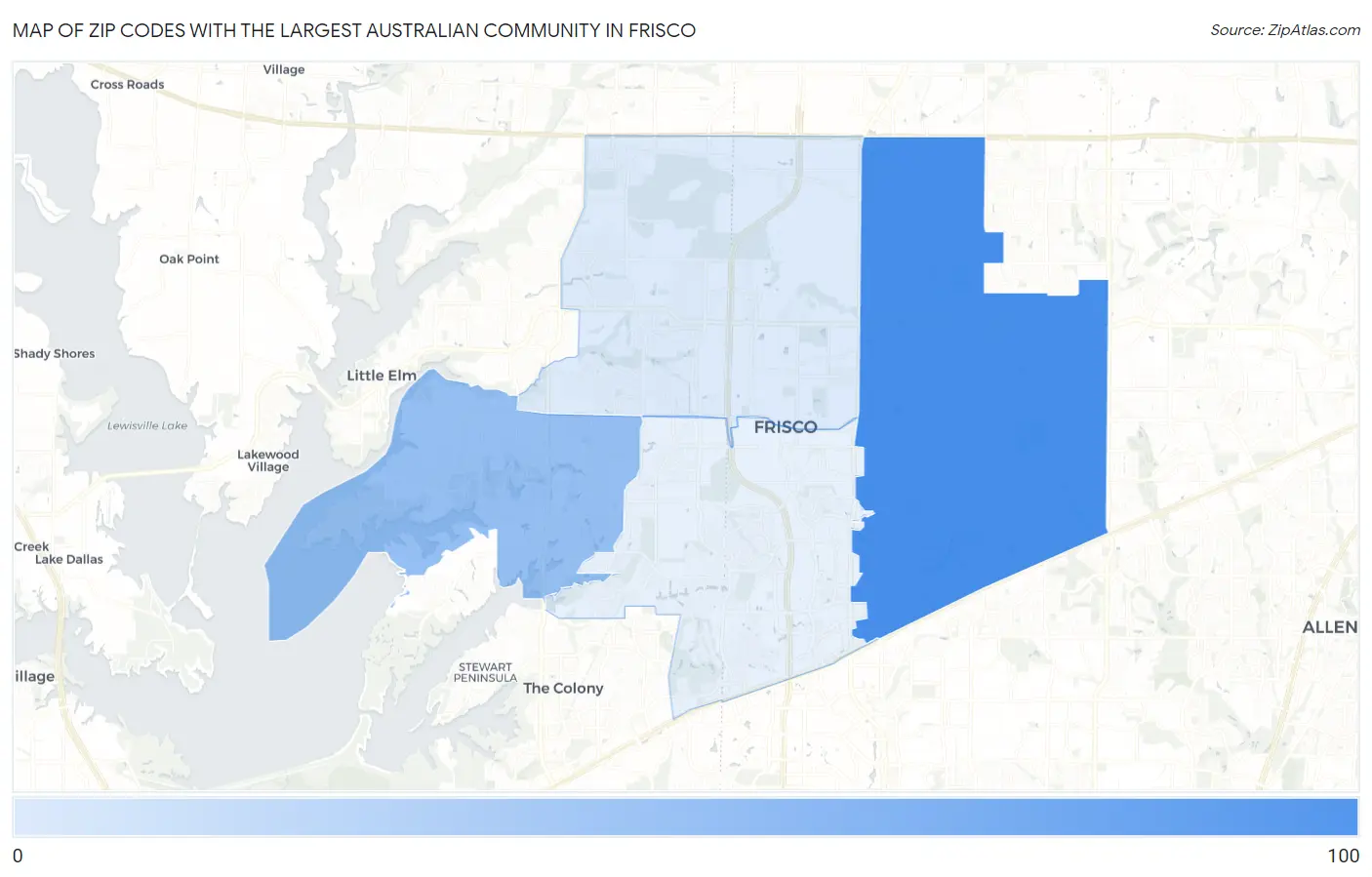 Zip Codes with the Largest Australian Community in Frisco Map