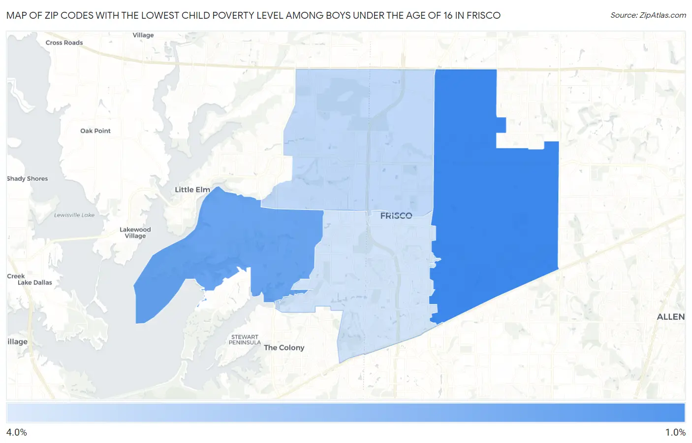 Zip Codes with the Lowest Child Poverty Level Among Boys Under the Age of 16 in Frisco Map