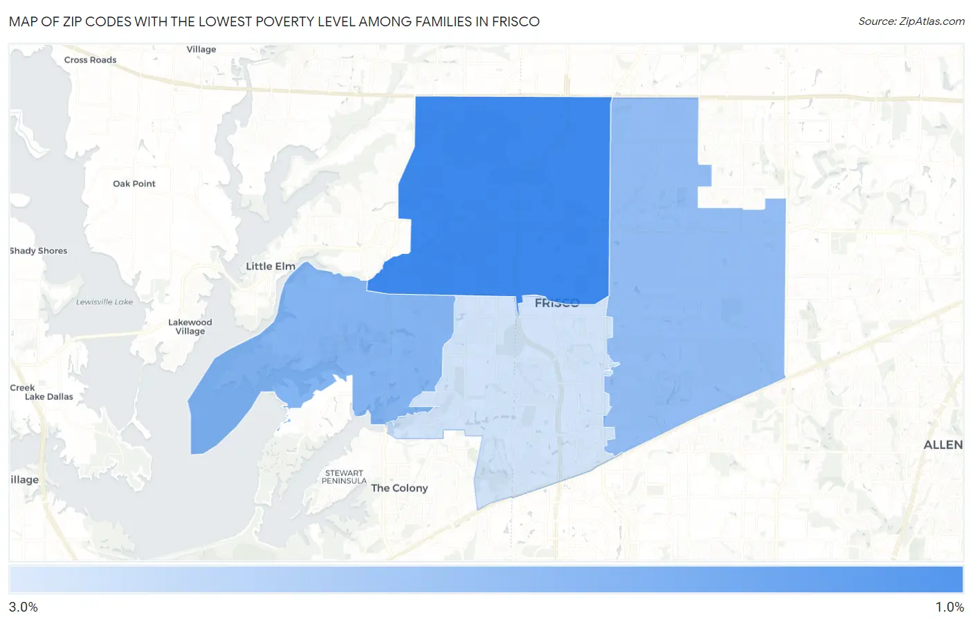 Zip Codes with the Lowest Poverty Level Among Families in Frisco Map