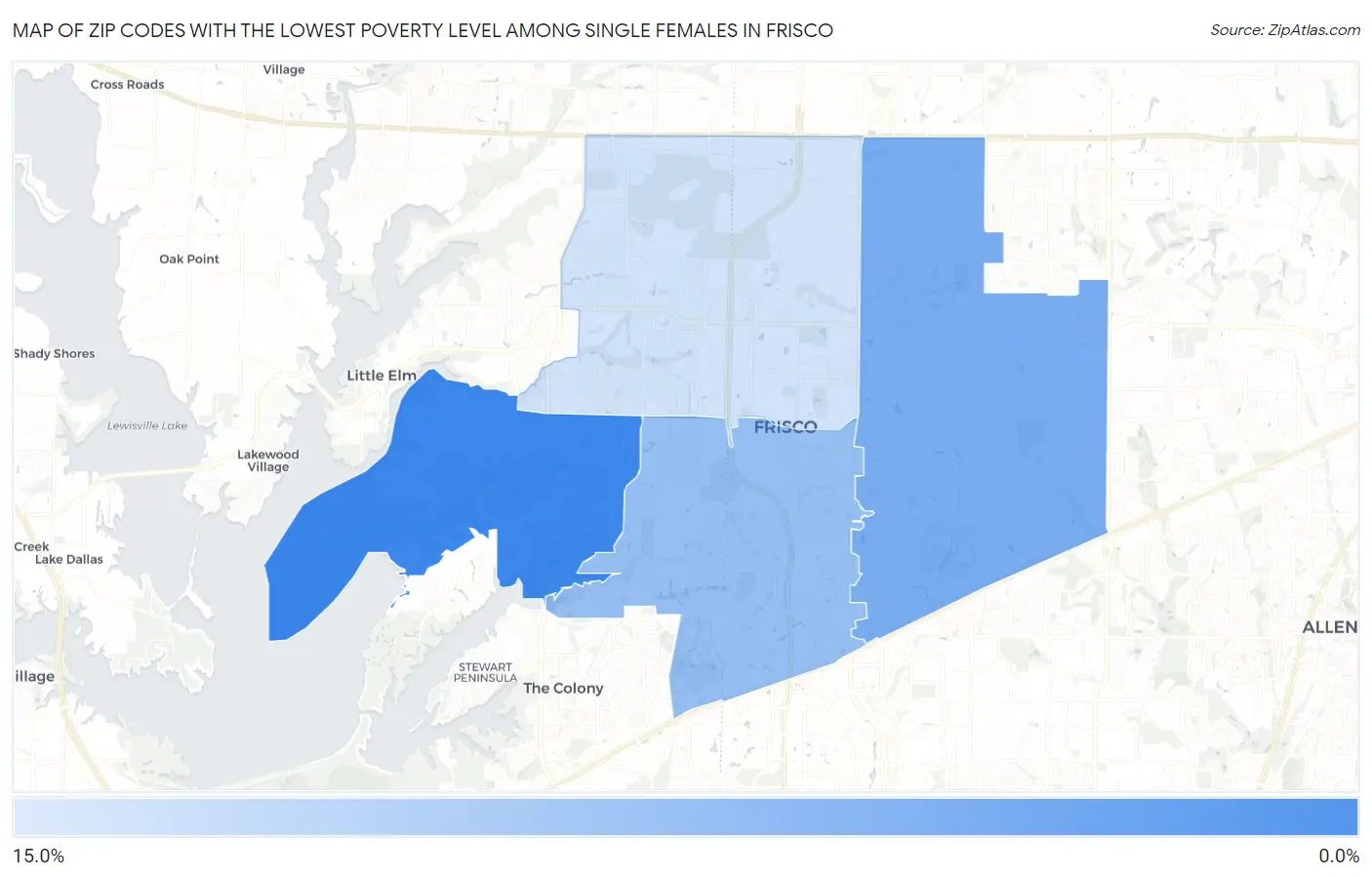 Zip Codes with the Lowest Poverty Level Among Single Females in Frisco Map