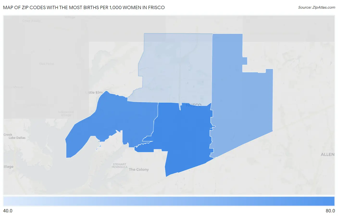 Zip Codes with the Most Births per 1,000 Women in Frisco Map