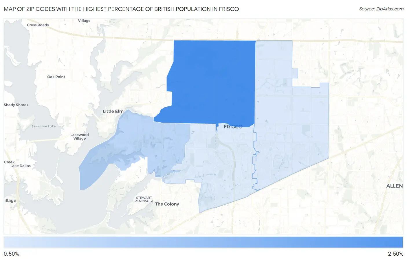 Zip Codes with the Highest Percentage of British Population in Frisco Map