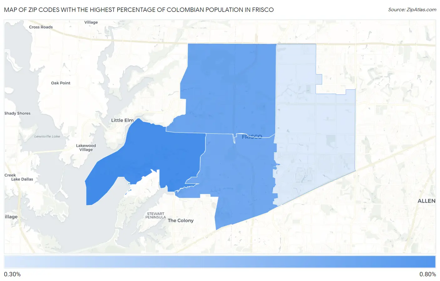 Zip Codes with the Highest Percentage of Colombian Population in Frisco Map