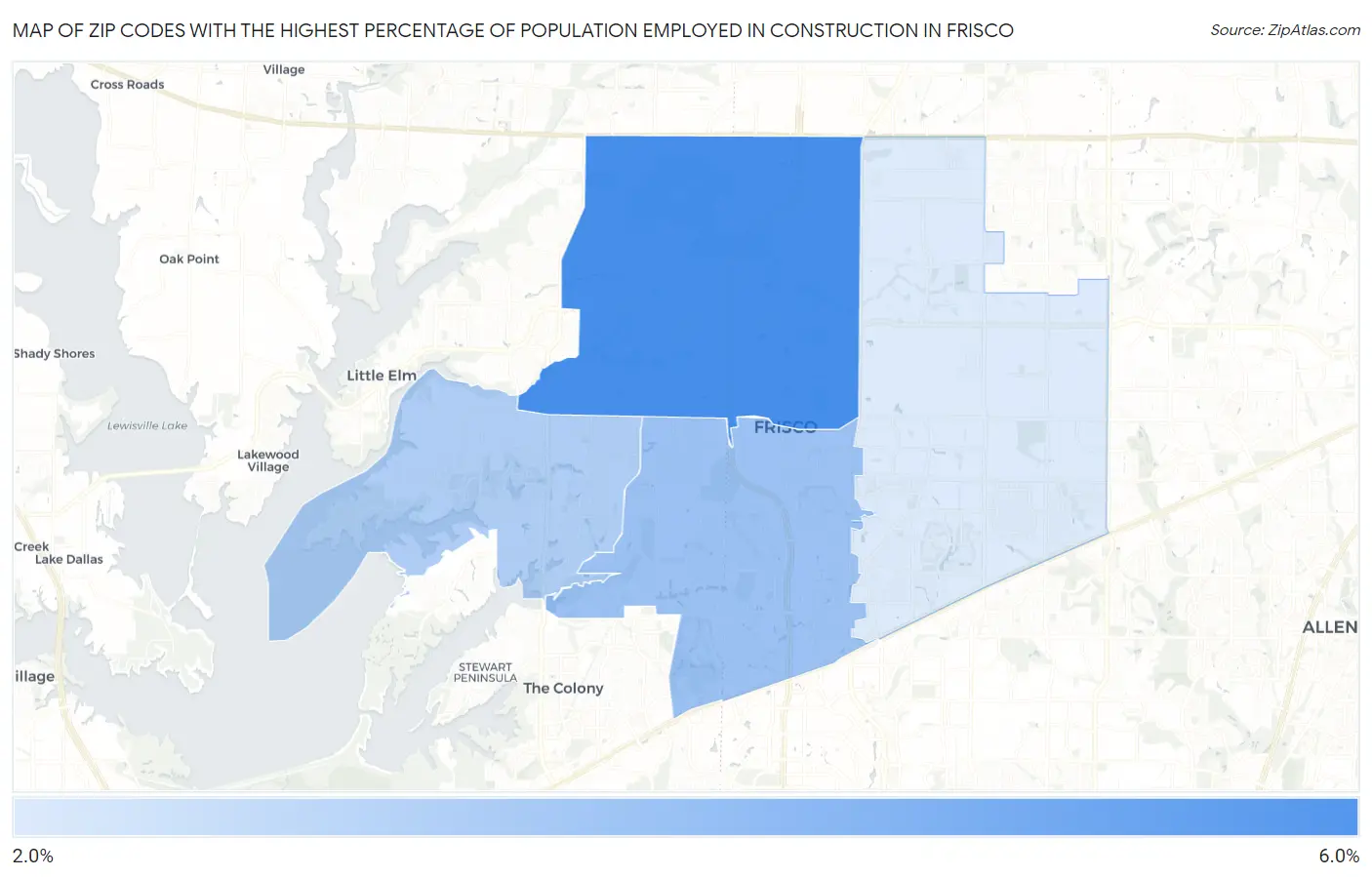 Zip Codes with the Highest Percentage of Population Employed in Construction in Frisco Map