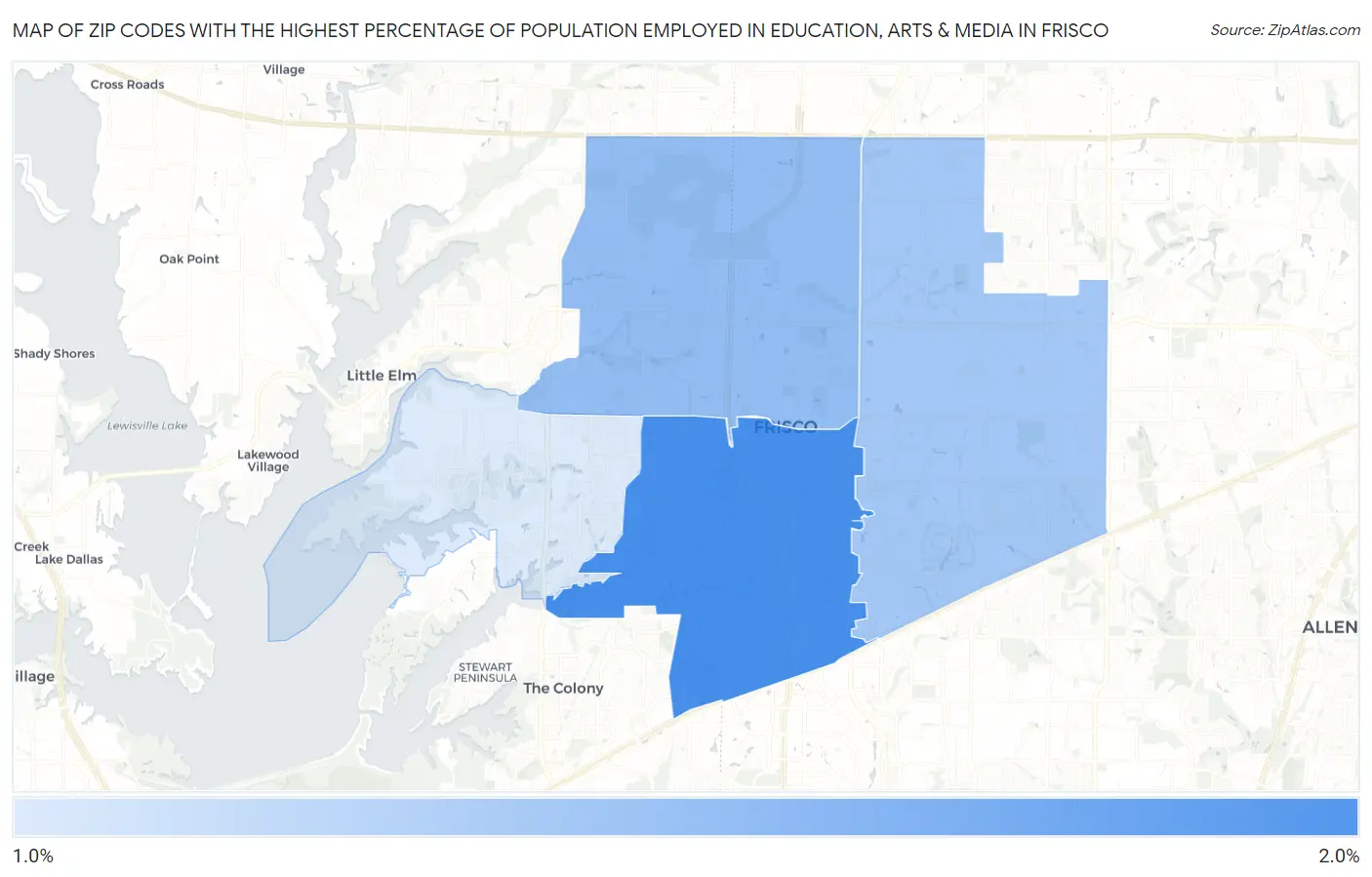 Zip Codes with the Highest Percentage of Population Employed in Education, Arts & Media in Frisco Map