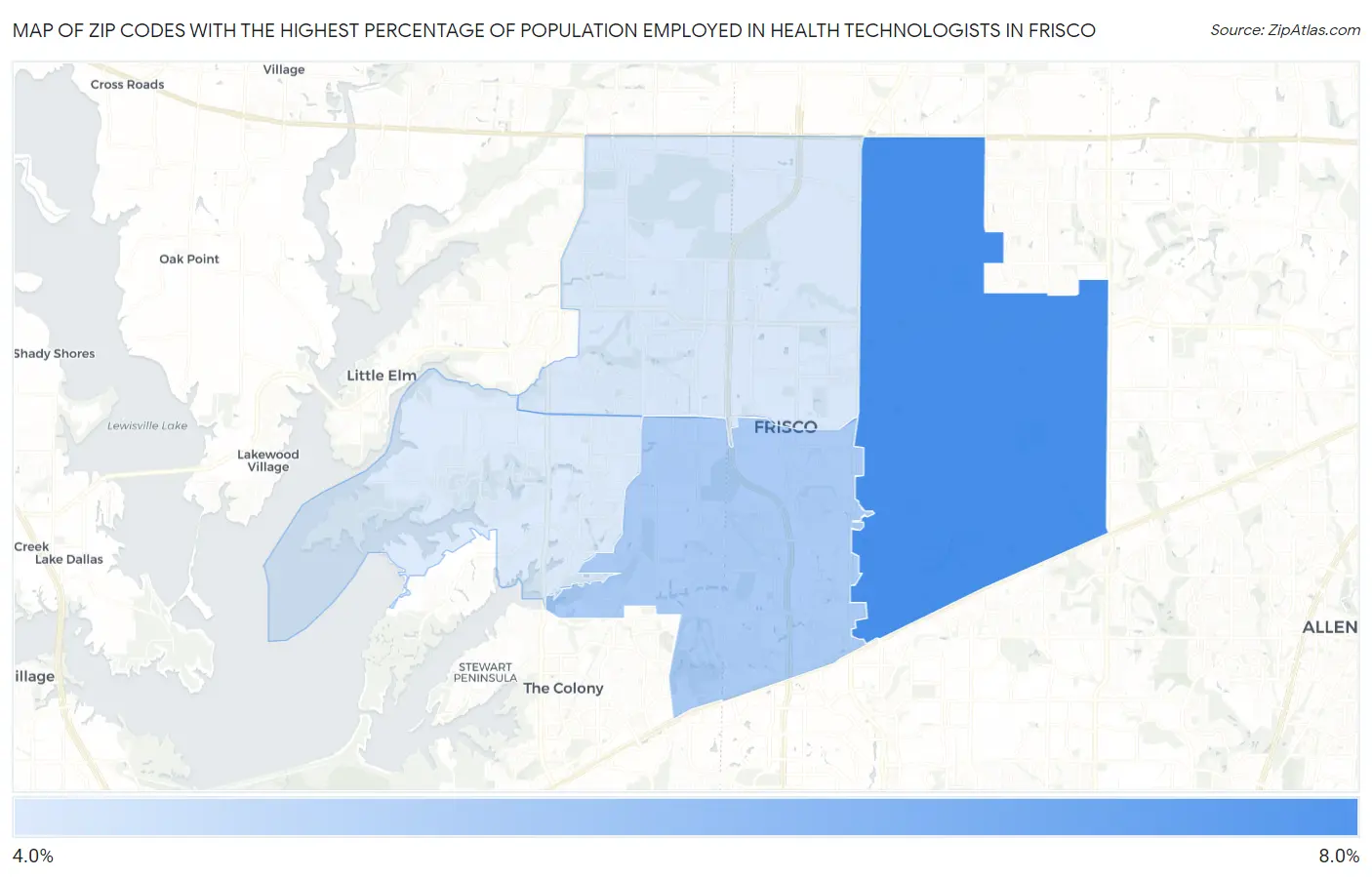 Zip Codes with the Highest Percentage of Population Employed in Health Technologists in Frisco Map