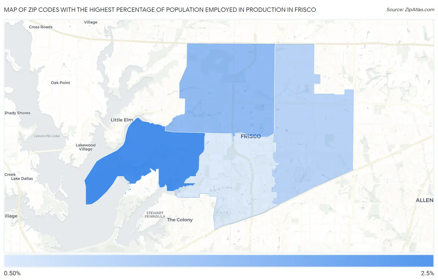 Zip Codes with the Highest Percentage of Population Employed in Production in Frisco Map