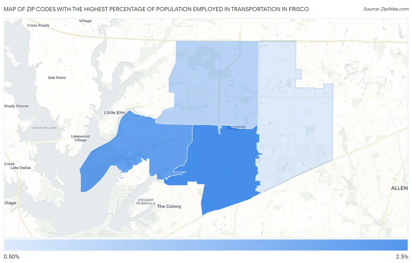 Zip Codes with the Highest Percentage of Population Employed in Transportation in Frisco Map