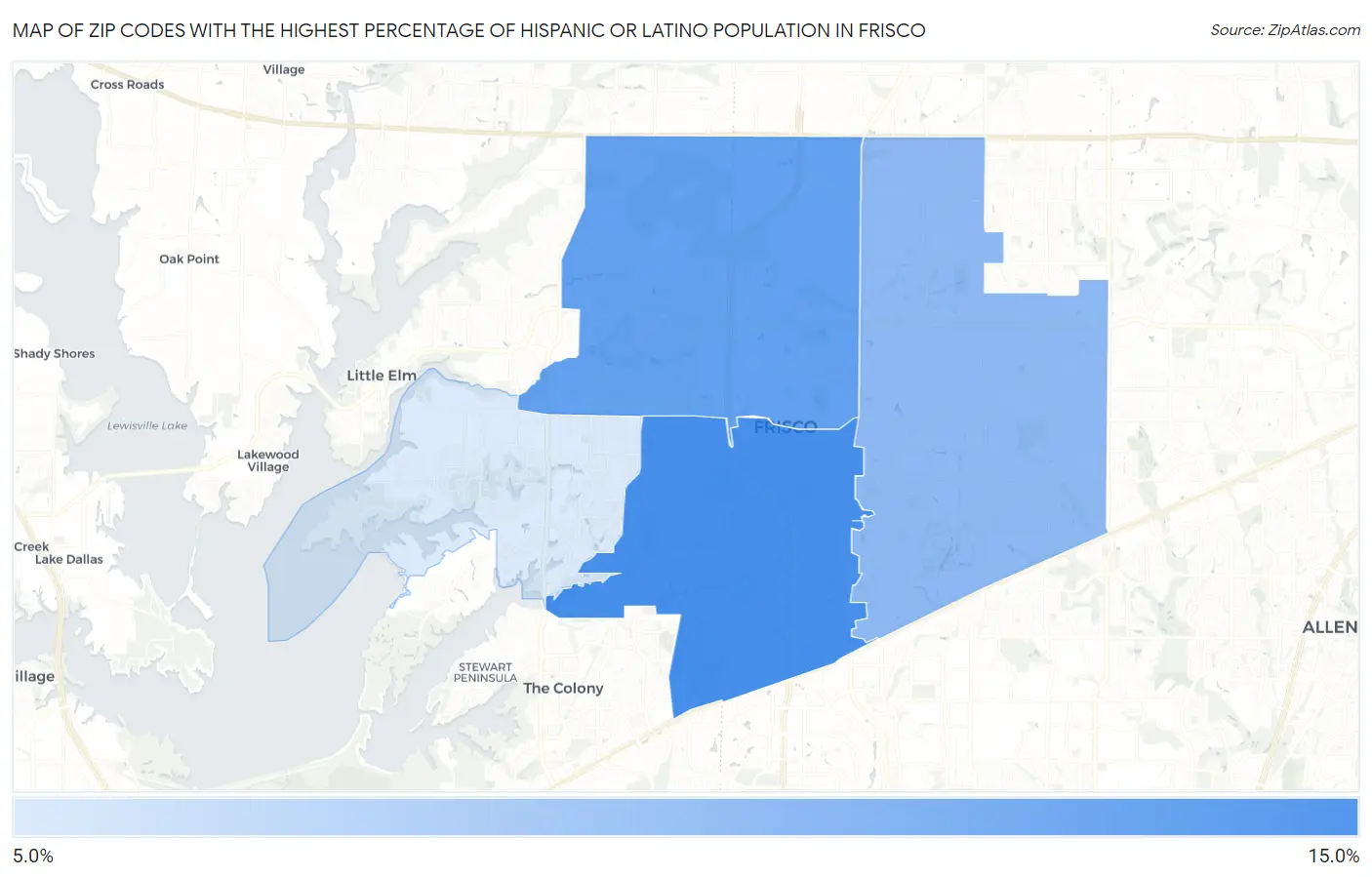 Zip Codes with the Highest Percentage of Hispanic or Latino Population in Frisco Map