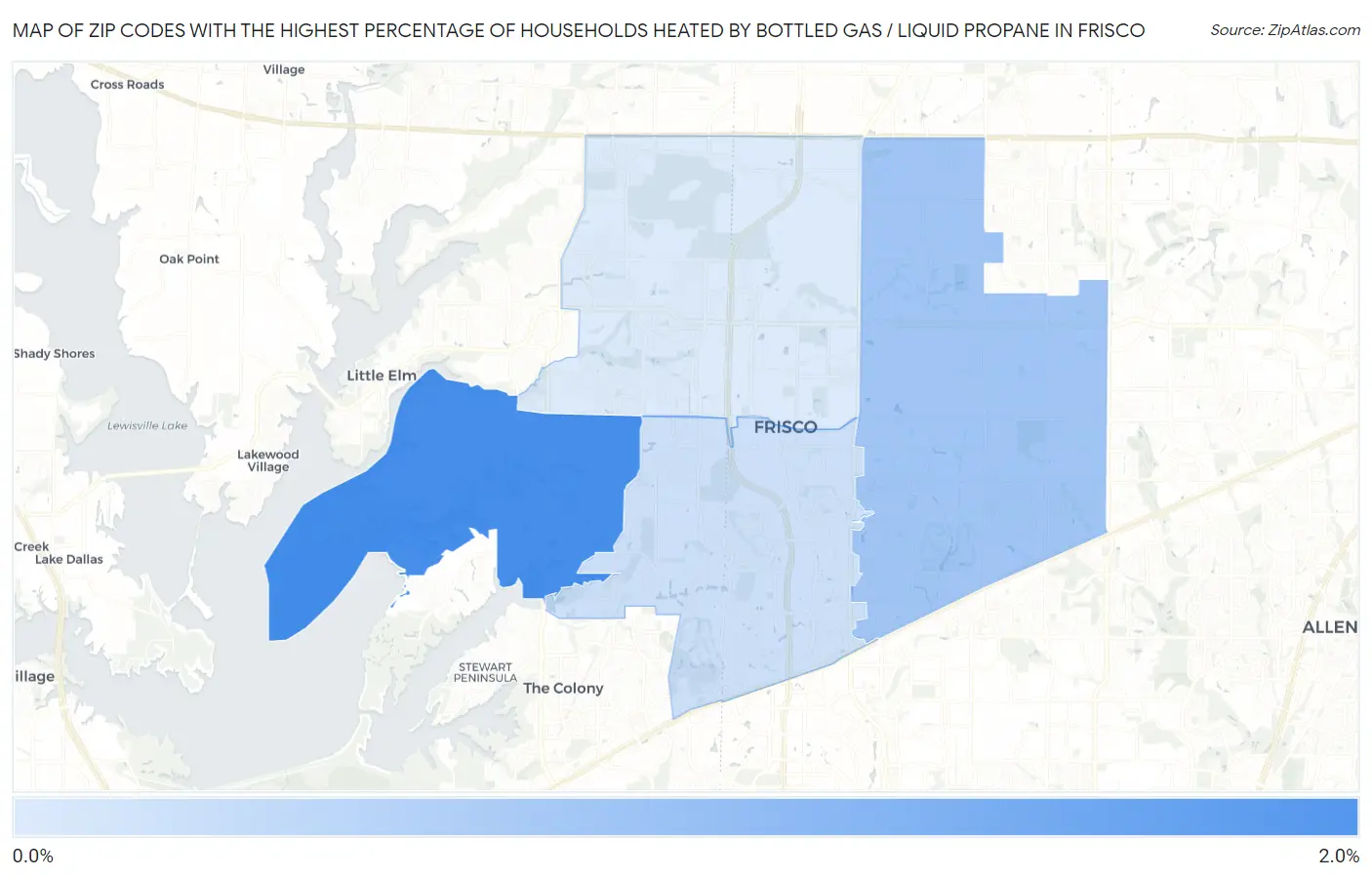 Zip Codes with the Highest Percentage of Households Heated by Bottled Gas / Liquid Propane in Frisco Map