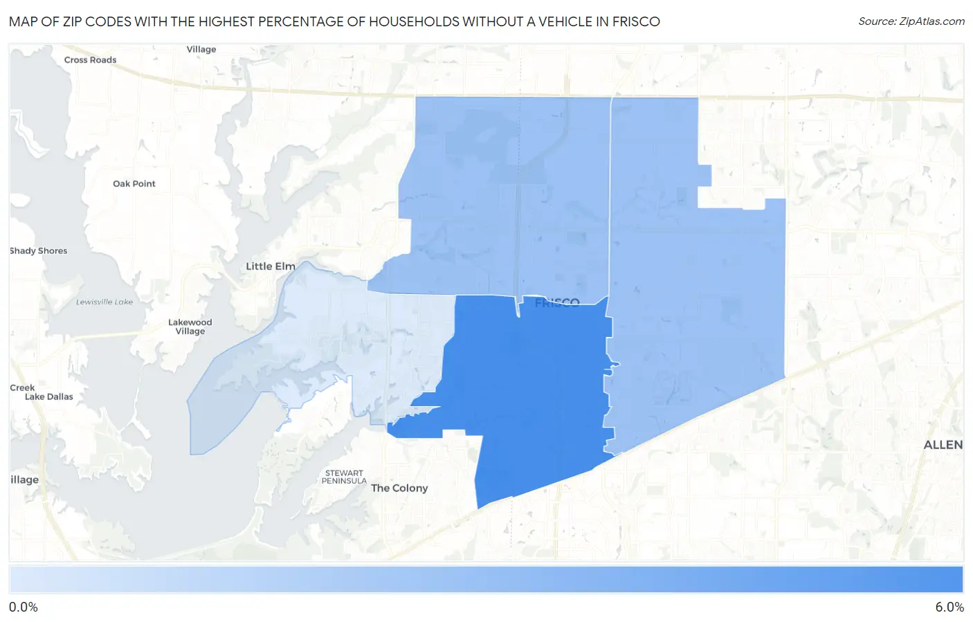 Zip Codes with the Highest Percentage of Households Without a Vehicle in Frisco Map
