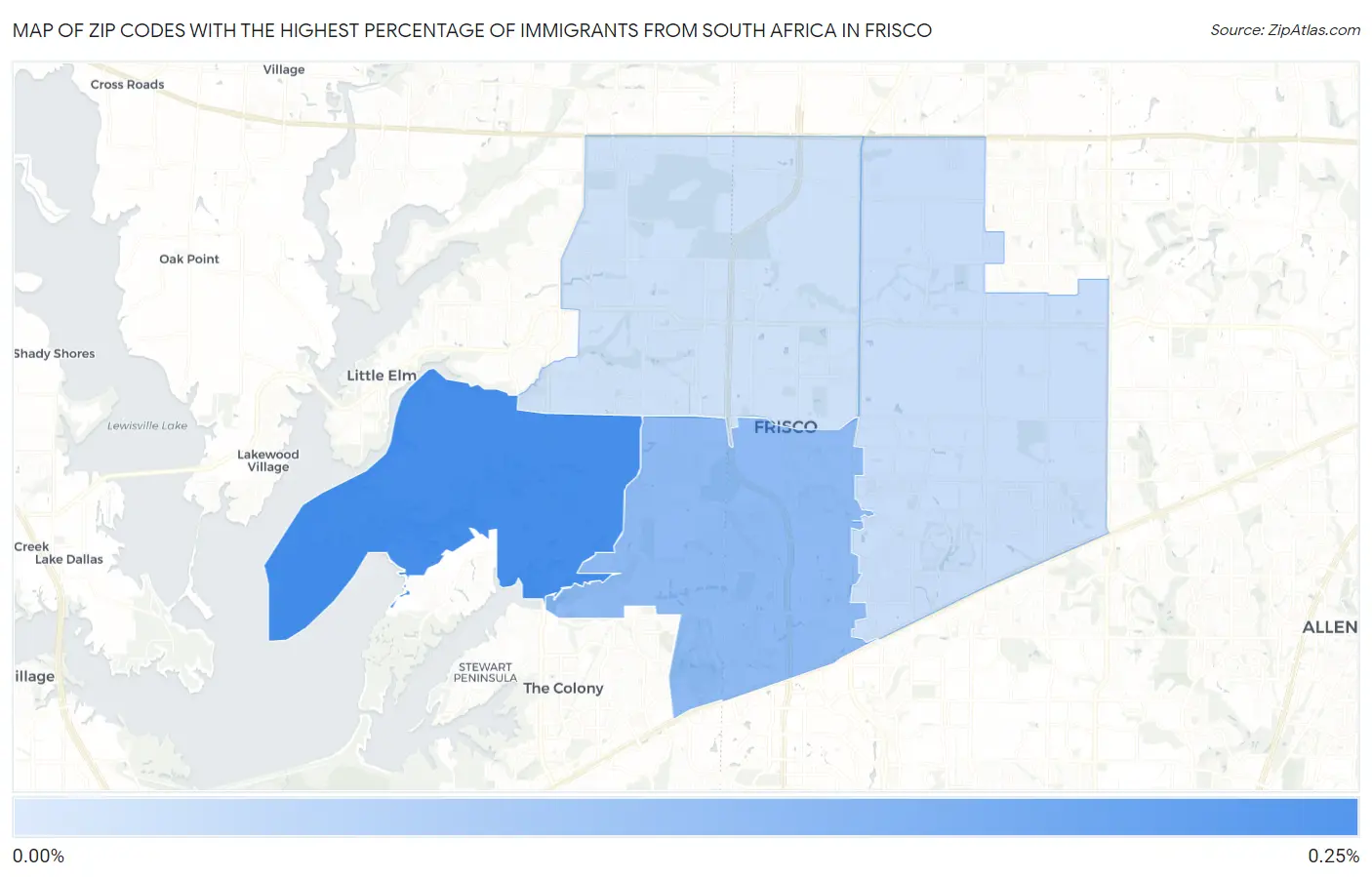 Zip Codes with the Highest Percentage of Immigrants from South Africa in Frisco Map