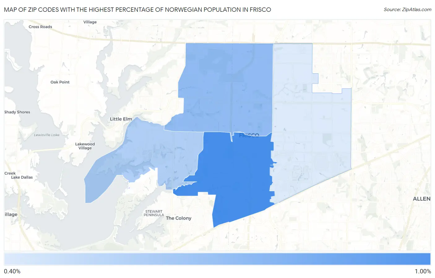 Zip Codes with the Highest Percentage of Norwegian Population in Frisco Map