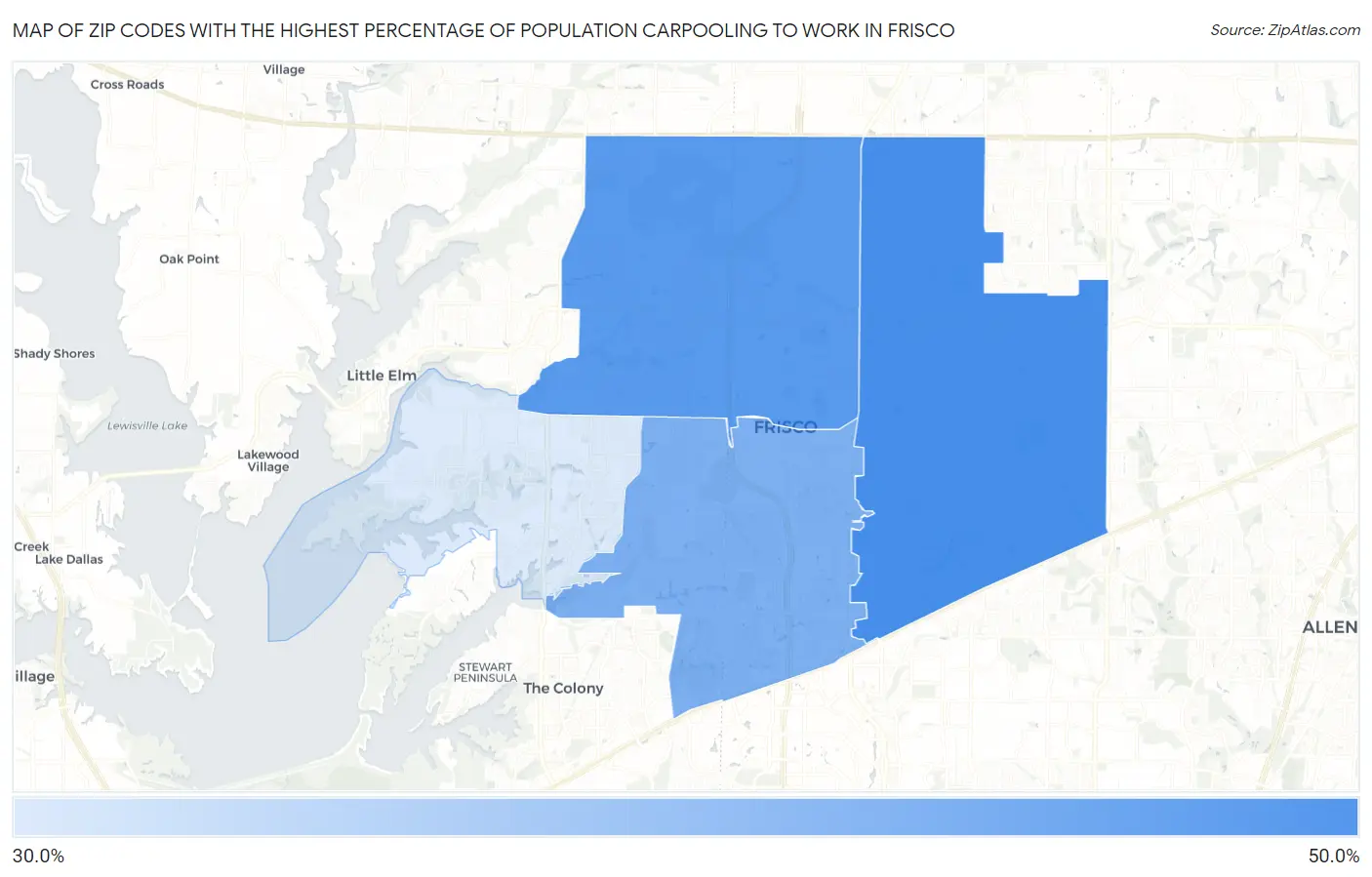 Zip Codes with the Highest Percentage of Population Carpooling to Work in Frisco Map