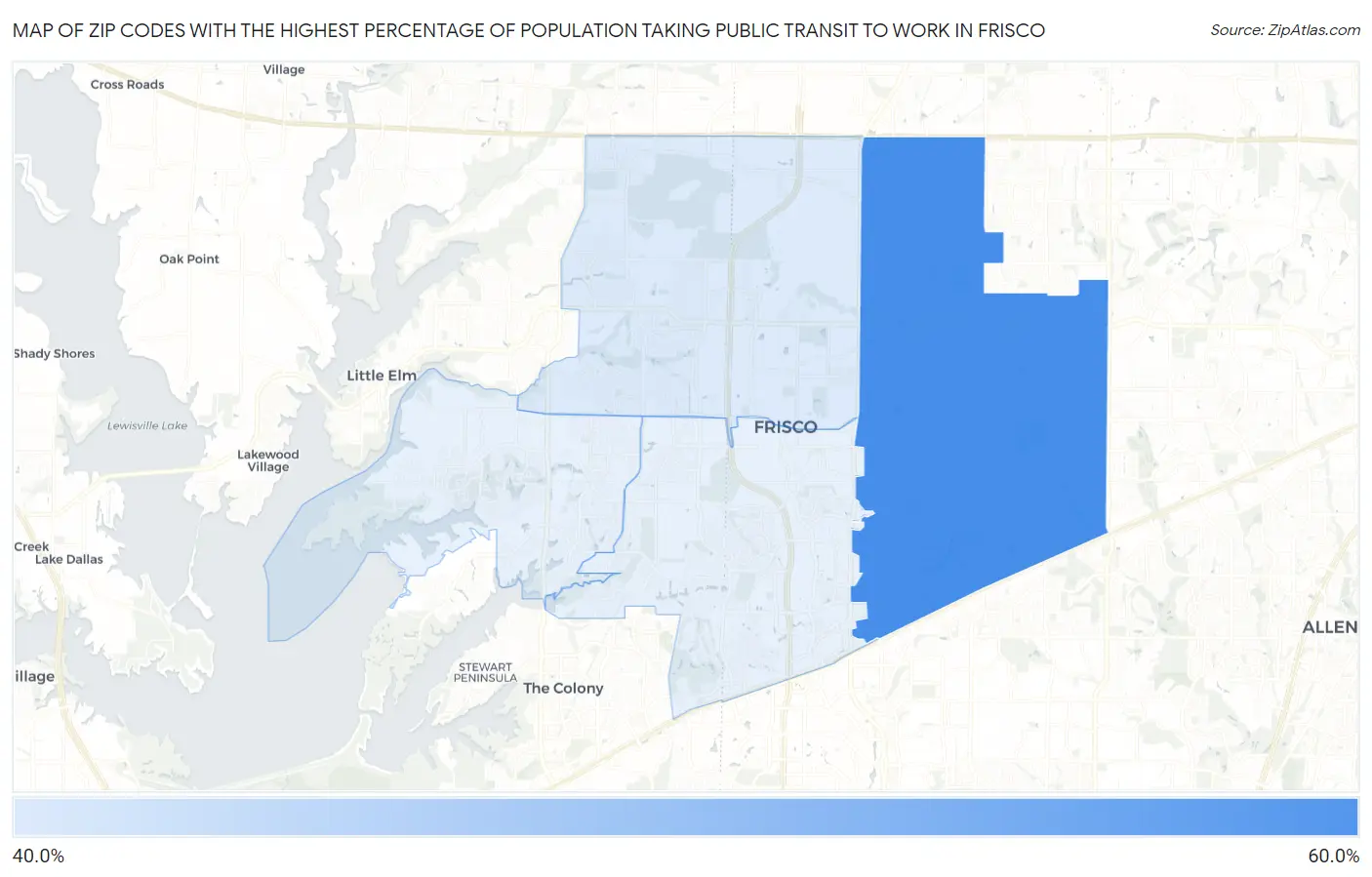 Zip Codes with the Highest Percentage of Population Taking Public Transit to Work in Frisco Map