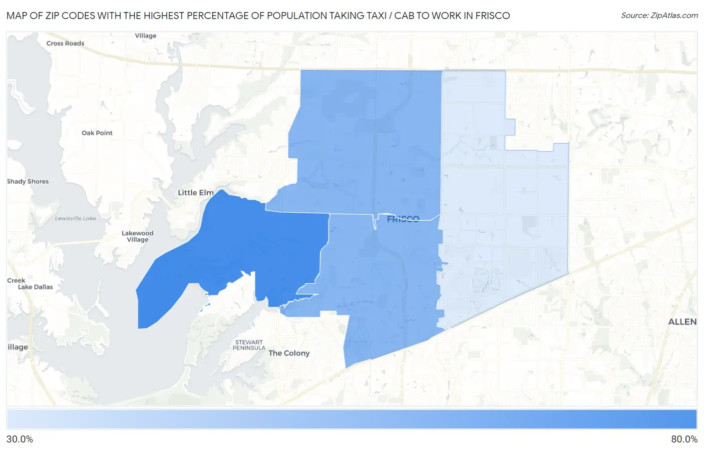 Zip Codes with the Highest Percentage of Population Taking Taxi / Cab to Work in Frisco Map