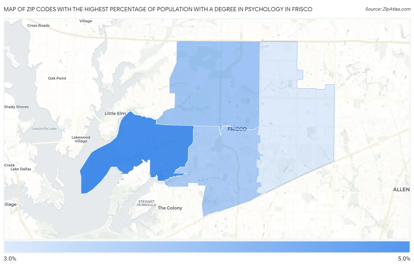 Zip Codes with the Highest Percentage of Population with a Degree in Psychology in Frisco Map