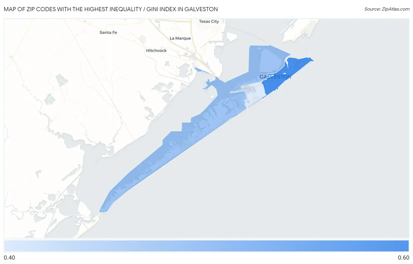 Zip Codes with the Highest Inequality / Gini Index in Galveston Map