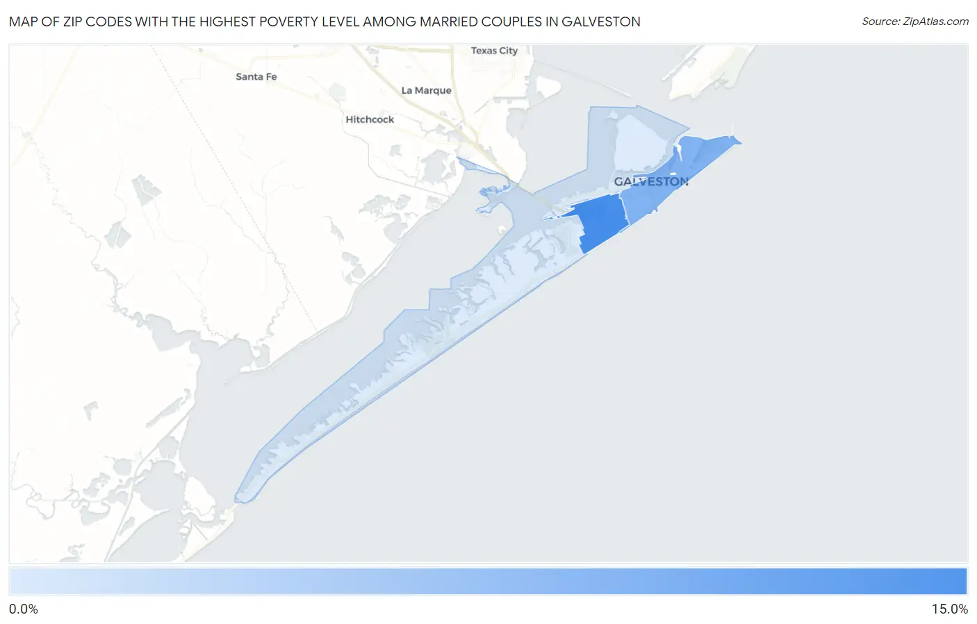 Zip Codes with the Highest Poverty Level Among Married Couples in Galveston Map