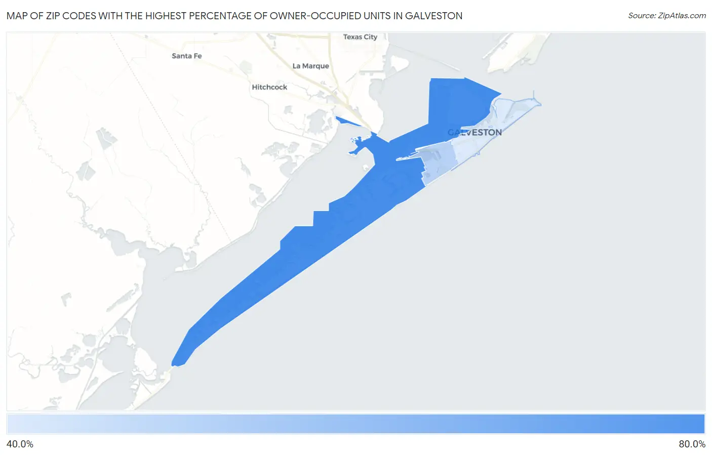 Zip Codes with the Highest Percentage of Owner-Occupied Units in Galveston Map