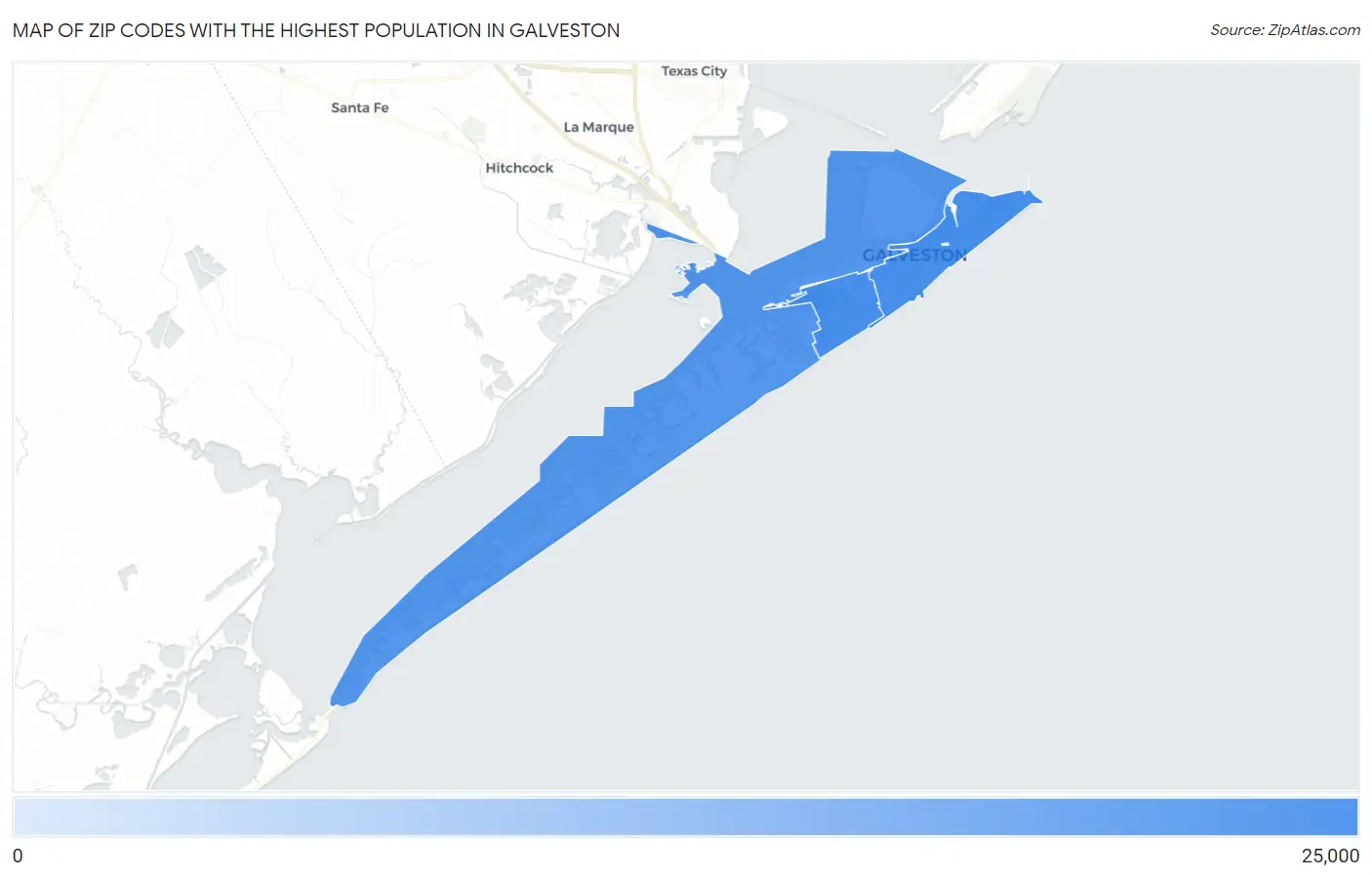 Zip Codes with the Highest Population in Galveston Map