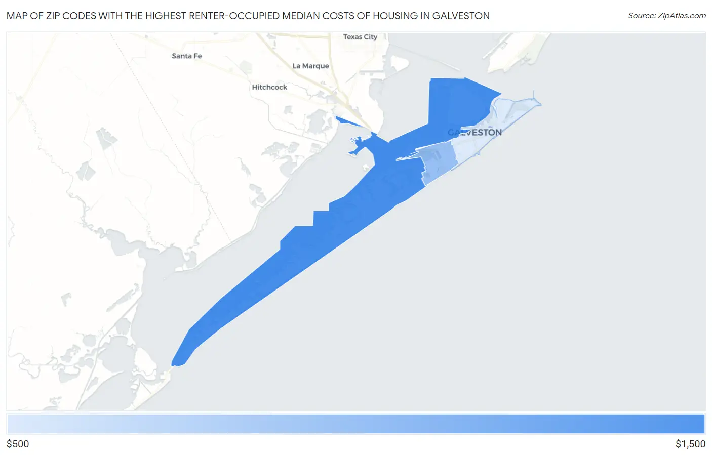Zip Codes with the Highest Renter-Occupied Median Costs of Housing in Galveston Map