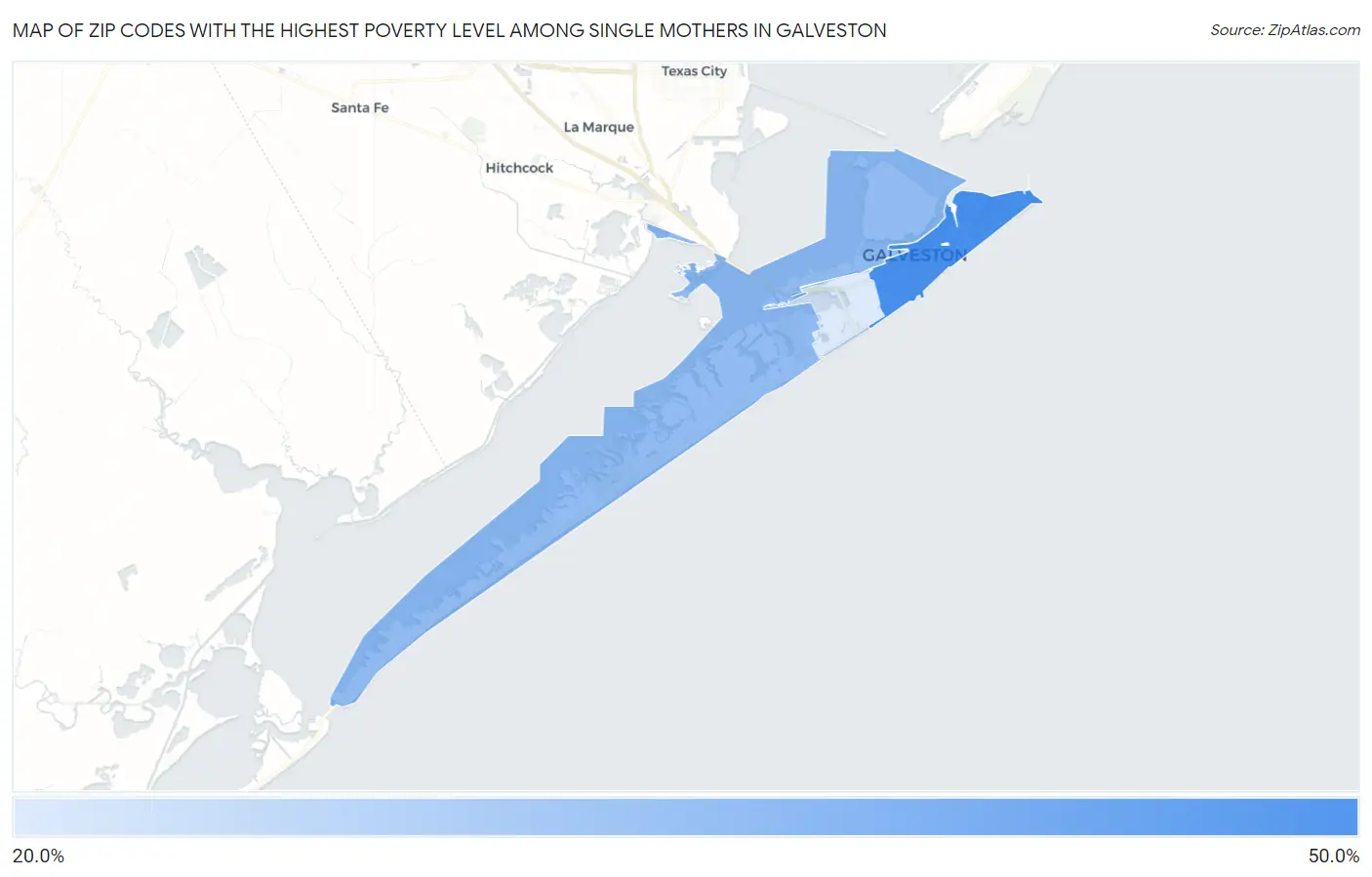 Zip Codes with the Highest Poverty Level Among Single Mothers in Galveston Map