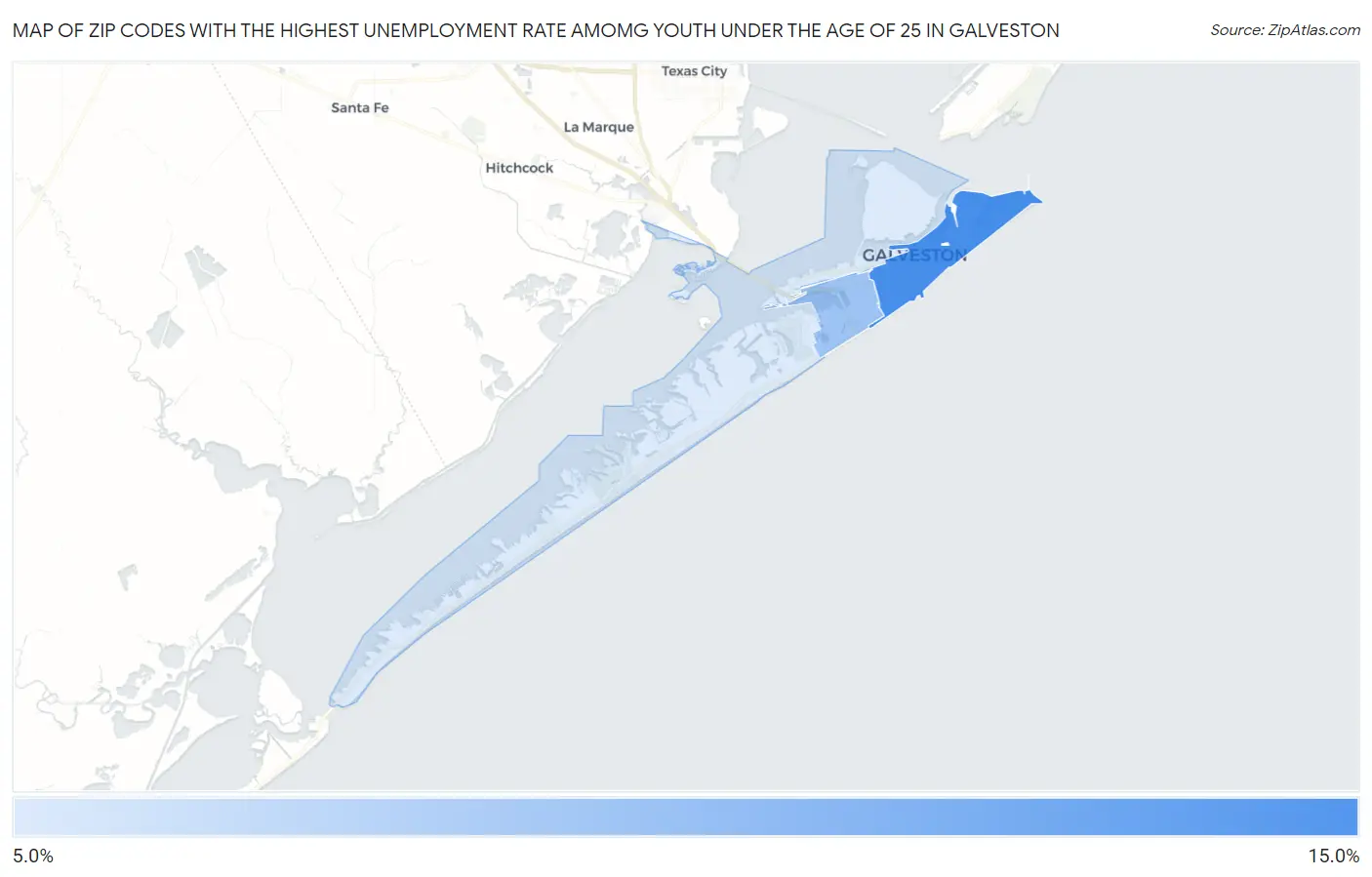 Zip Codes with the Highest Unemployment Rate Amomg Youth Under the Age of 25 in Galveston Map