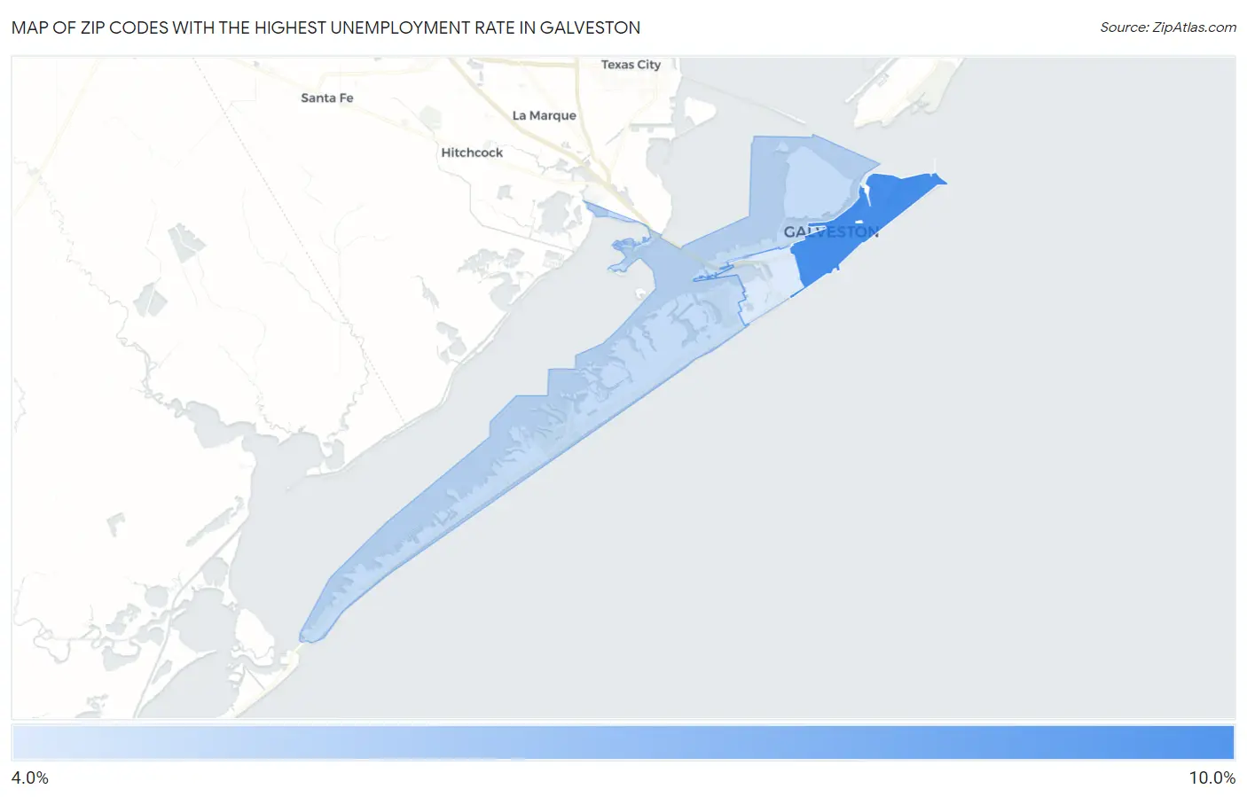 Zip Codes with the Highest Unemployment Rate in Galveston Map