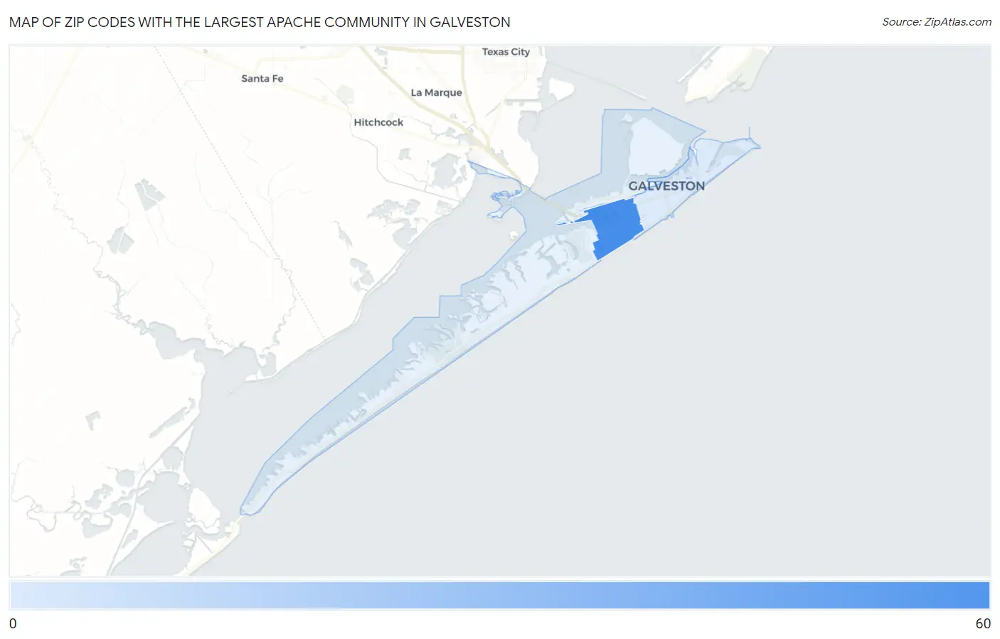 Zip Codes with the Largest Apache Community in Galveston Map