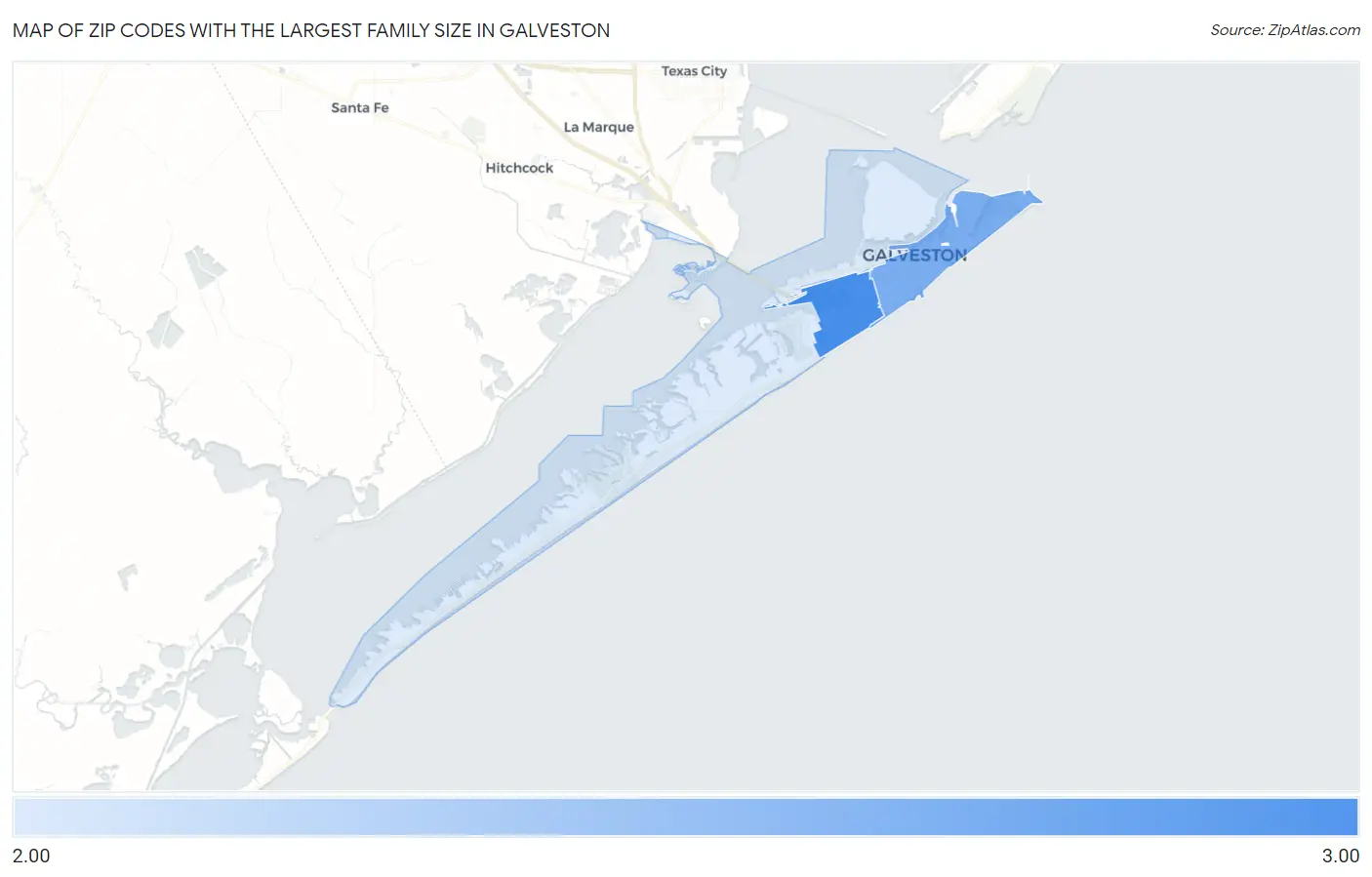 Zip Codes with the Largest Family Size in Galveston Map