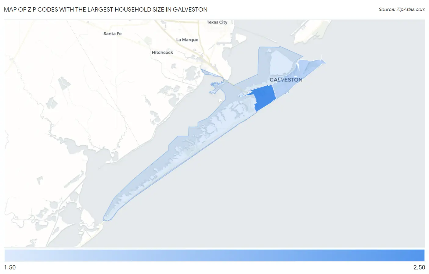 Zip Codes with the Largest Household Size in Galveston Map