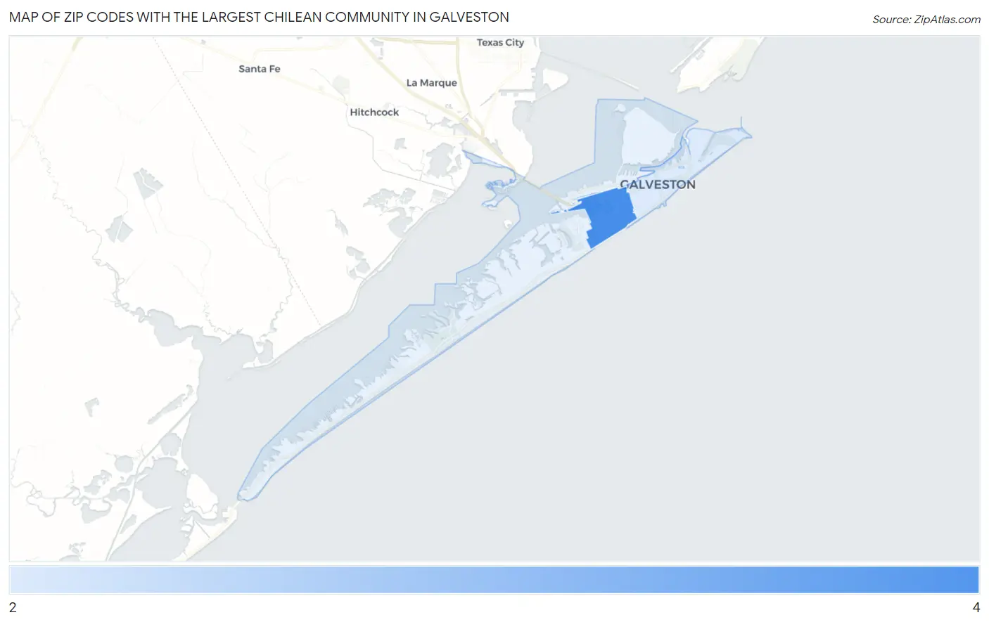 Zip Codes with the Largest Chilean Community in Galveston Map