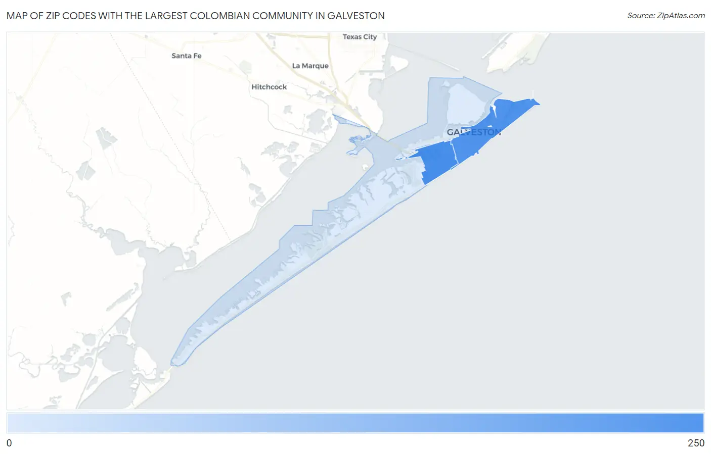 Zip Codes with the Largest Colombian Community in Galveston Map