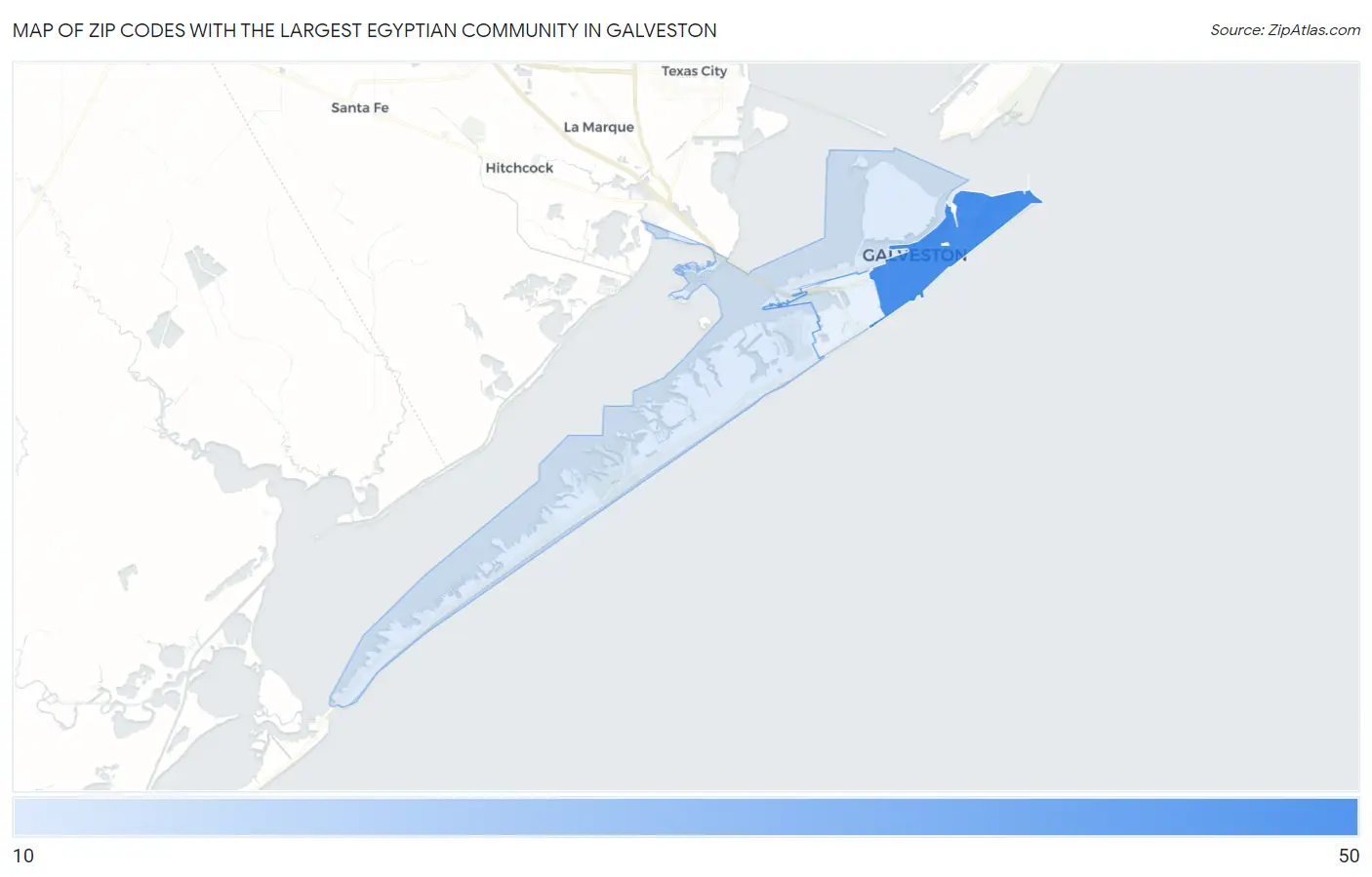 Zip Codes with the Largest Egyptian Community in Galveston Map