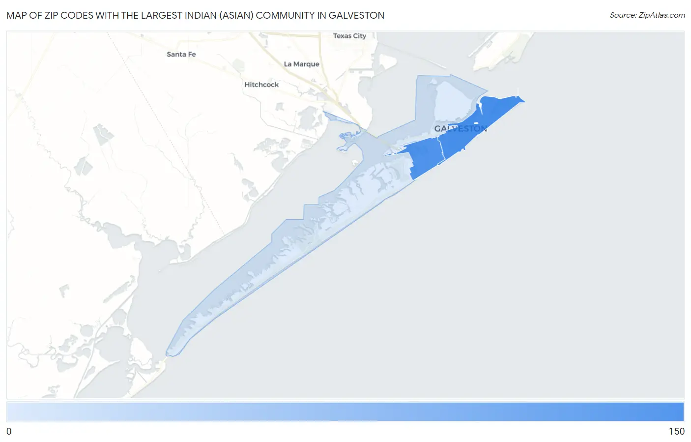 Zip Codes with the Largest Indian (Asian) Community in Galveston Map