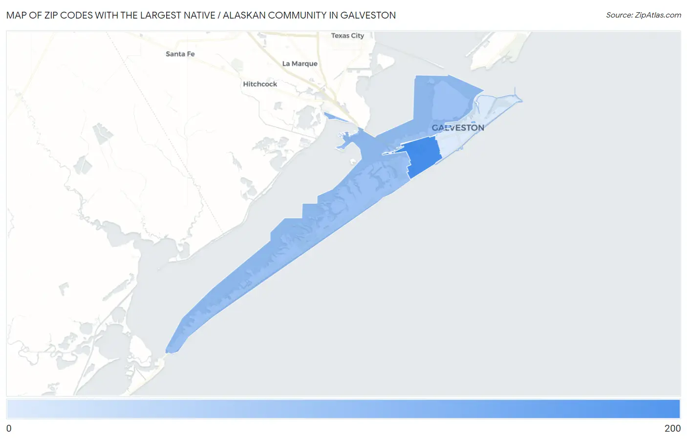 Zip Codes with the Largest Native / Alaskan Community in Galveston Map