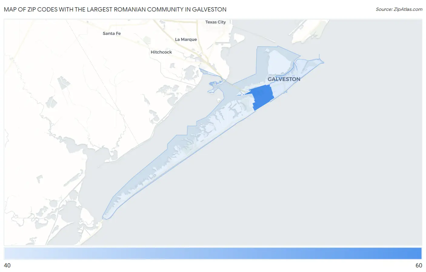 Zip Codes with the Largest Romanian Community in Galveston Map
