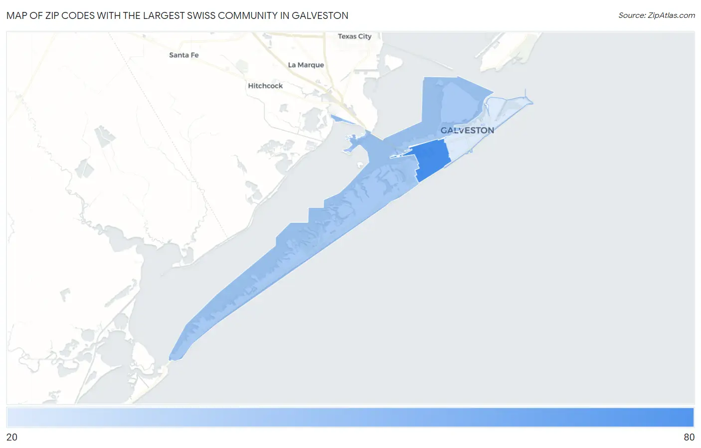Zip Codes with the Largest Swiss Community in Galveston Map