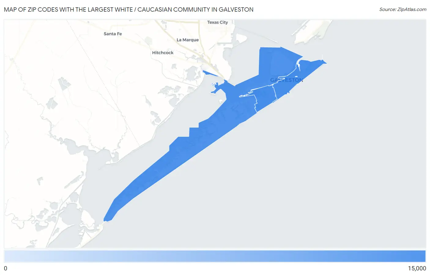 Zip Codes with the Largest White / Caucasian Community in Galveston Map