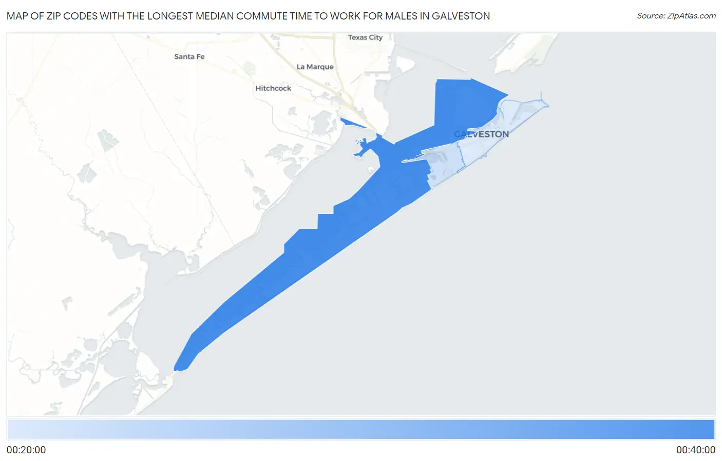 Zip Codes with the Longest Median Commute Time to Work for Males in Galveston Map