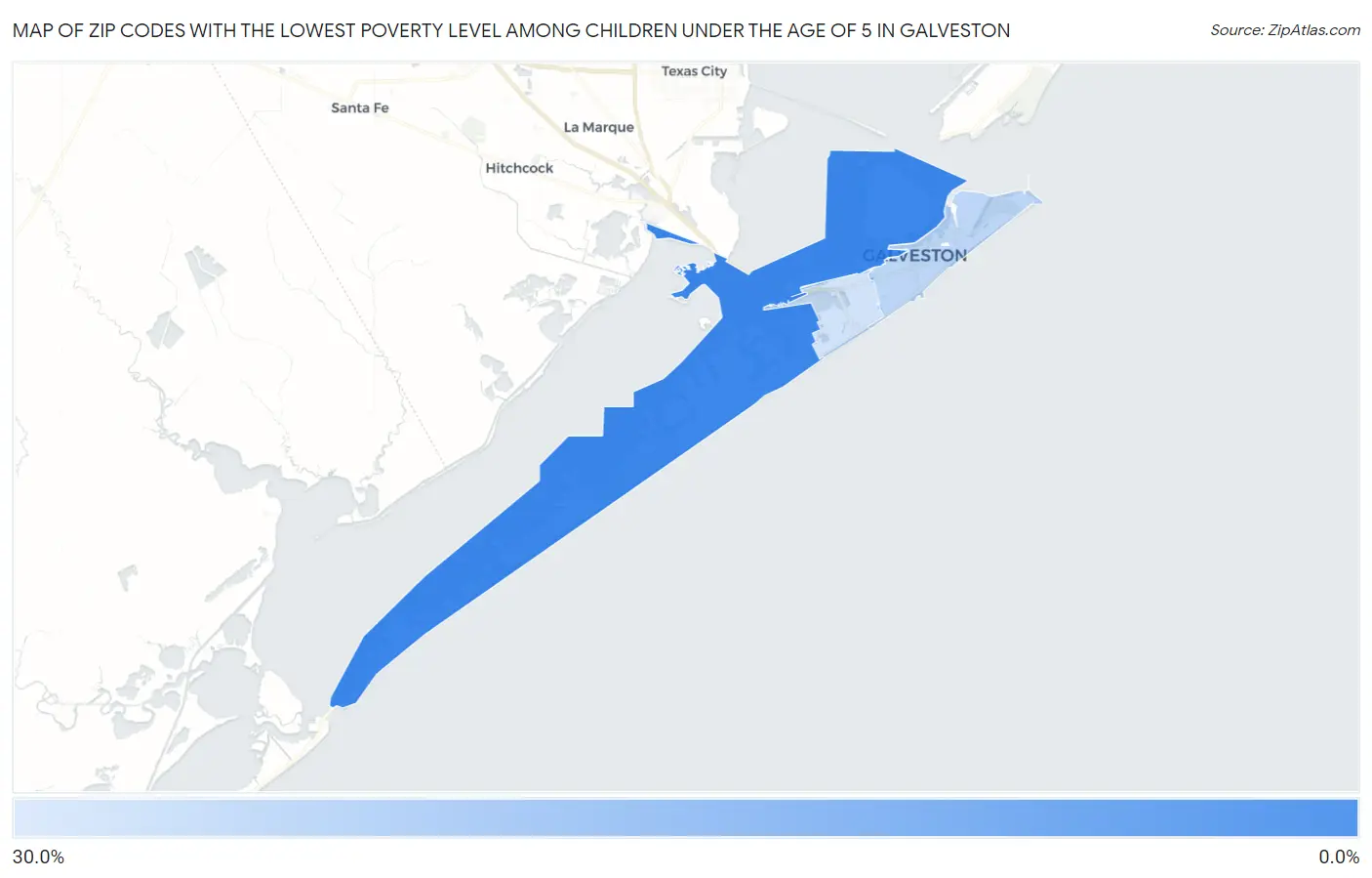 Zip Codes with the Lowest Poverty Level Among Children Under the Age of 5 in Galveston Map