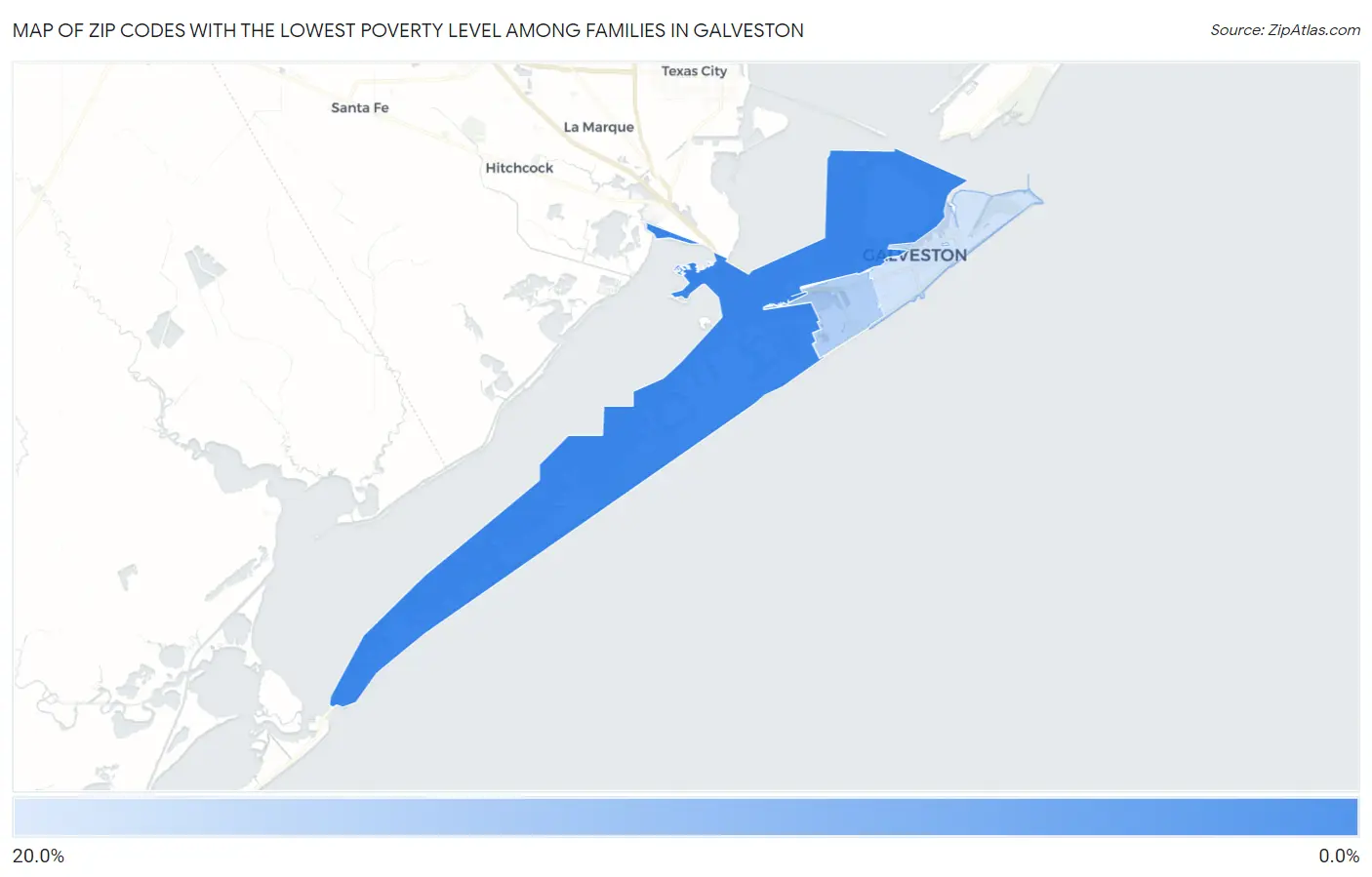 Zip Codes with the Lowest Poverty Level Among Families in Galveston Map