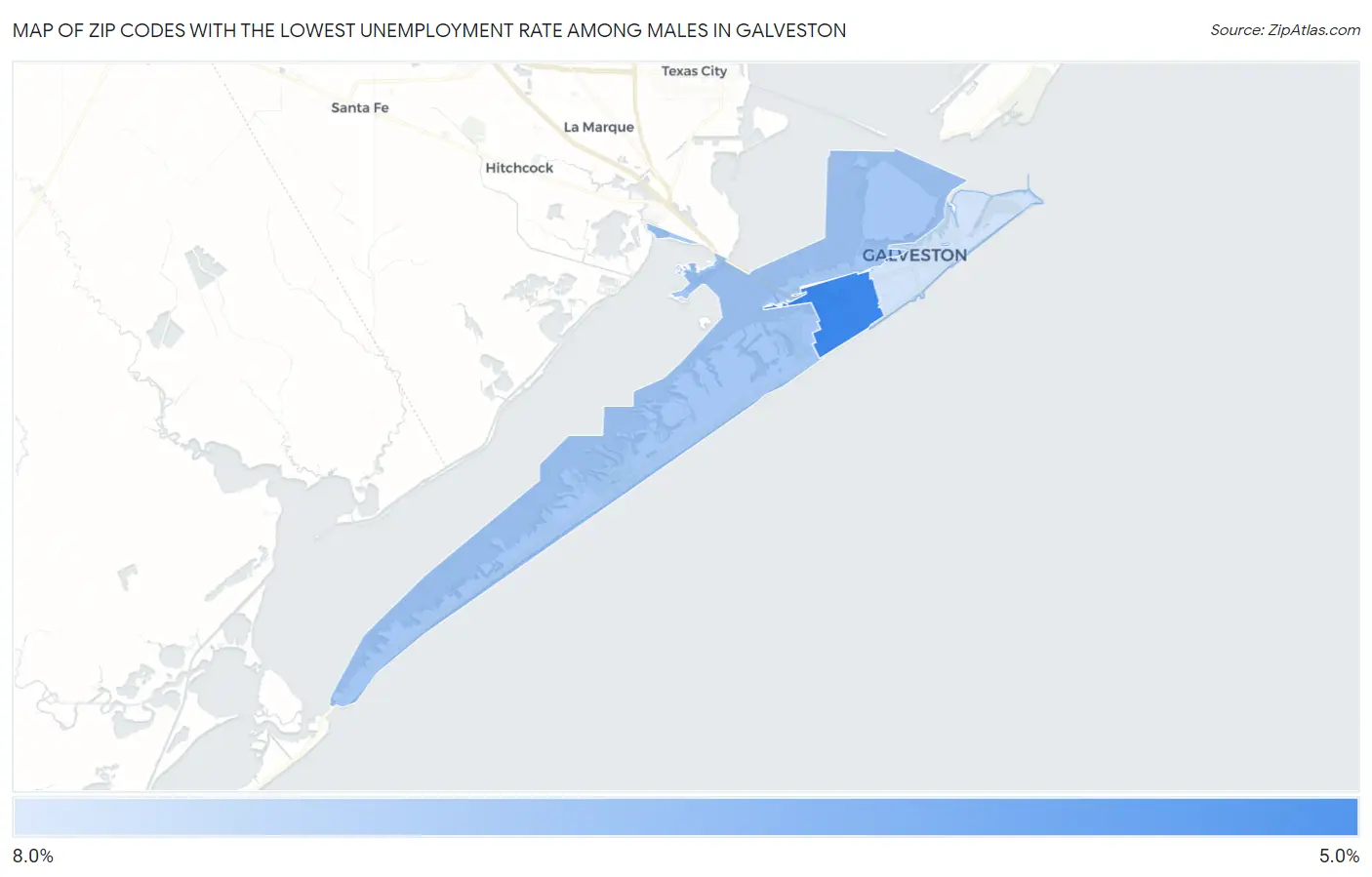 Zip Codes with the Lowest Unemployment Rate Among Males in Galveston Map
